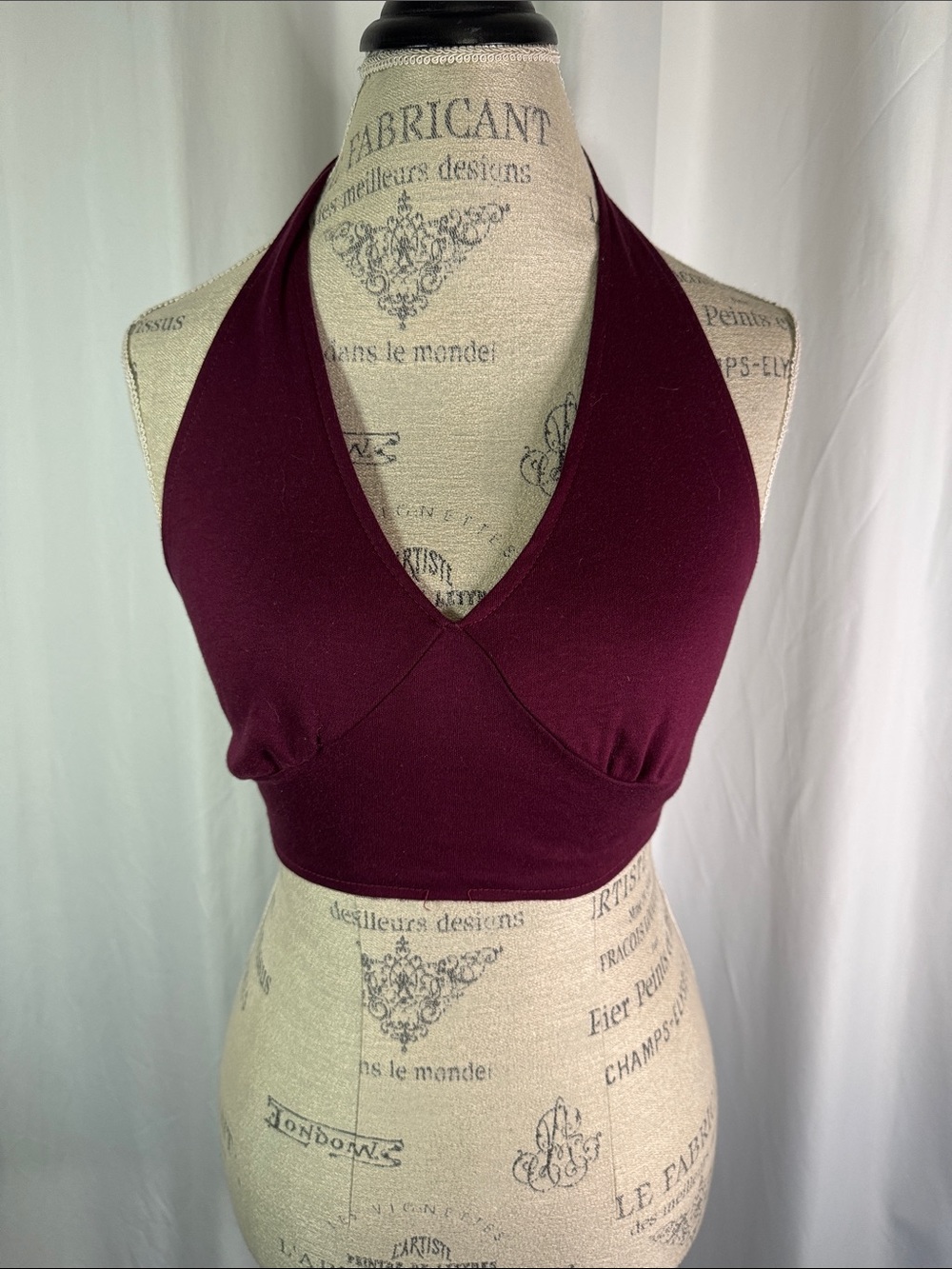 Vintage Garland Stretchy Burgundy V Neck Halter Crop Top